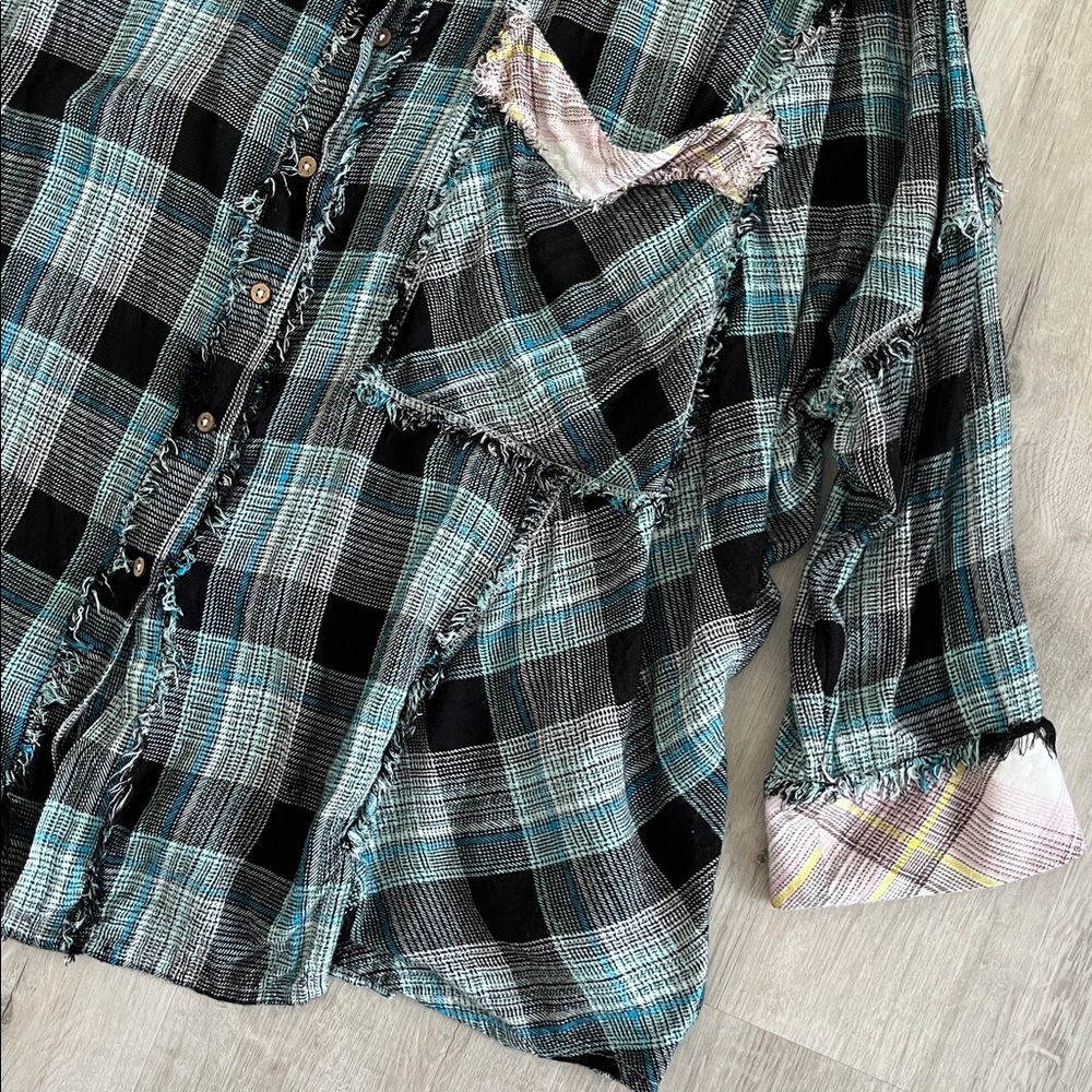 Free People Intimately Flannel Button Shirt Oversized Plaid Capri Pants Set S XS - Picture 3 of 16